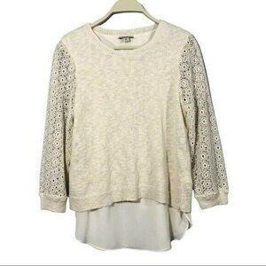 Lucky Brand Linen Sweater Lagenlook Women Size M Knit Sheer Lace Crochet Flowers
